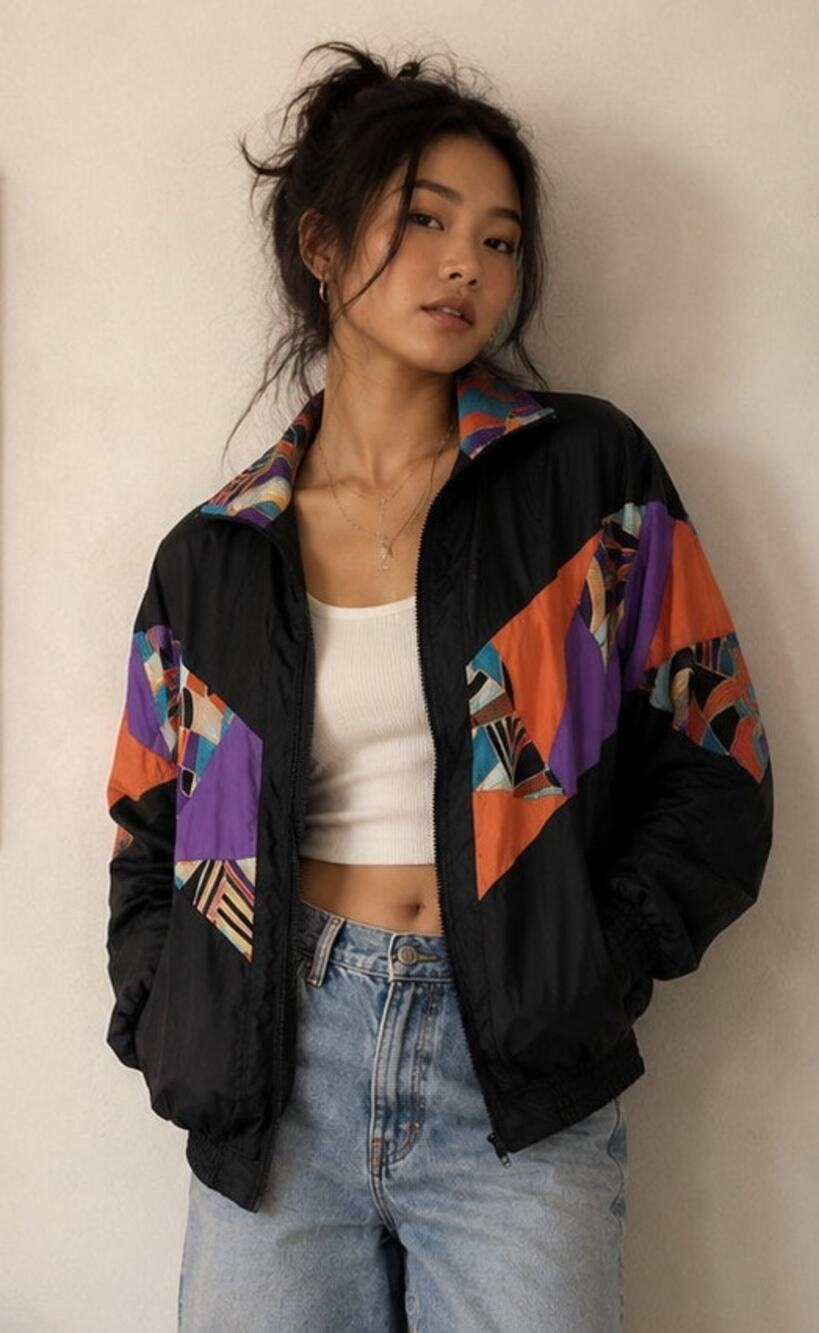 Vintage Retro 80s 90s Lavon Black Colorblock Track Bomber Jacket M Festival Rave